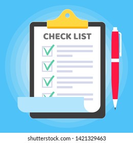 Clipboard with to do list claim form on it, paper sheets, check marks tick OK in the checkbox on the list, red pen isolated on light blue background flat style vector illustration