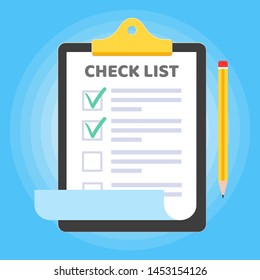 Clipboard with to do list claim form on it, paper sheets, check marks tick OK in the checkbox on the list, pencil isolated on light blue background flat style vector illustration