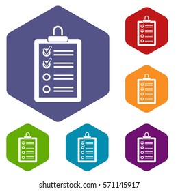Clipboard with to do list icons set rhombus in different colors isolated on white background