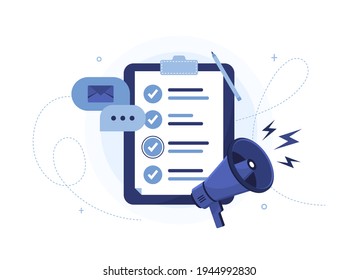 Clipboard or to do list with megaphone in flat design on white background. Eps 10
