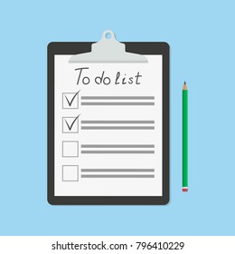 Clipboard with to do list and pencil icon. Cheklist with marks. Template design for education, business, planning or infographics. Vector illustration