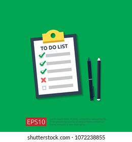 Clipboard with To do list or planning, pencil, and pen in flat style. vector illustration concept of checklist paper sheet reminder with check marks.