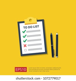 Clipboard with To do list or planning, pencil, and pen in flat style. vector illustration concept of checklist paper sheet reminder with check marks.
