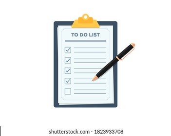 Clipboard with to do planning check list. Pen marked checklist on paper todo form flat eps vector illustration