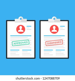 Clipboard and document with approved stamp, clipboard and document with rejected stamp. Modern concepts. Flat design. Vector illustration