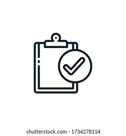 Clipboard document with check mark outline icon. Vector illustration. Editable stroke. Isolated icon suitable for web, infographics, interface and apps.