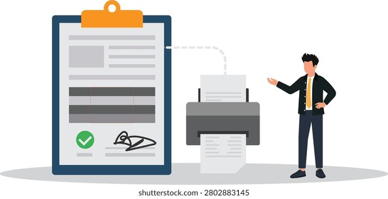 Clipboard Document with Checkmarks and Signature Attached to Desktop Laser Printer with Businessman
