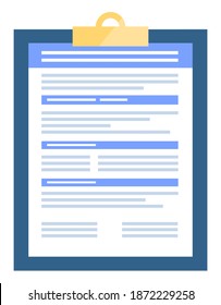 Clipboard with document containing information on project. Contract or agreement in closeup, isolated icon of paper with blank pages. Checklist or business info, office supplies, notebook vector