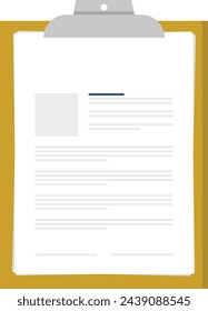 Clipboard with document containing
information on the project. Contract or
agreement in closeup, isolated icon of
paper with blank pages. Checklist or
business info, office supplies, notebook
vector.