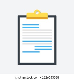 Clipboard with document. Filling insurance claim form, paperwork, income tax form, write a report, business concepts. Vector illustration.