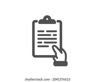 Icono de documento del portapapeles. Firma del archivo de acuerdo. Símbolo del registro de la encuesta. Clásico estilo plano. Elemento de diseño de calidad. Icono simple del portapapeles. Vector