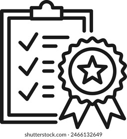 Clipboard document icon with a check mark, task, and award ribbon symbol. Representing successful business task management and quality control.