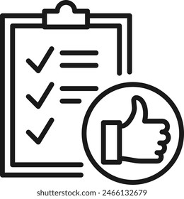 Clipboard document icon with check mark task and thumb symbol. Business management assignment, sheet report approval, or quality control task.