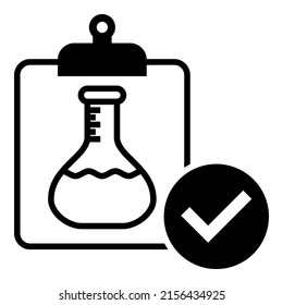 Clipboard document icon vector flat design with approved tick version and glass flask lab  symbol illustration.