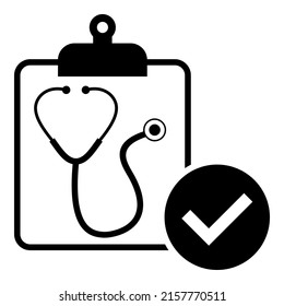 Clipboard document icon vector flat design with approved tick version and doctor stethoscope  symbol illustration.