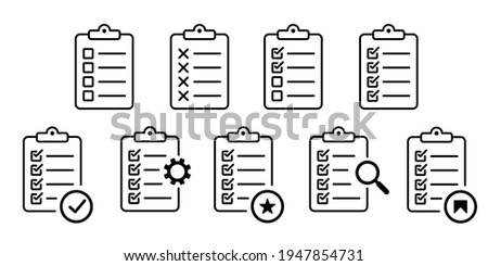 Clipboard document icons collection. Checklist sign, with search and bookmark icons.