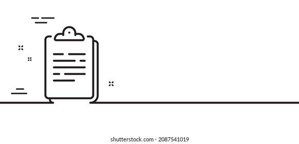 Symbol der Dokumentlinie in der Zwischenablage. Unterschrift der Akte. Kontrollrekordsymbol. Minimaler Hintergrund der Illustration. Zeichenbanner für das Symbol der Zwischenablage. White Web Template Konzept. Vektorgrafik