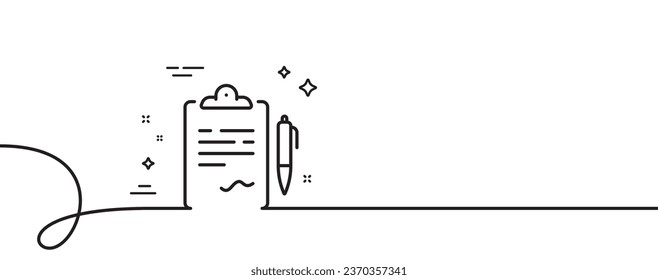 Icono de línea de documento del portapapeles. Una línea continua con curl. Firma del archivo de acuerdo. Firmar el símbolo del contrato. Cinta de contorno simple del portapapeles. Patrón de curva de bucle. Vector