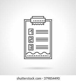 Clipboard and document page with list. Notes, paperwork, checklist. Flat line style single vector icon. Element for web design, business, mobile app. 