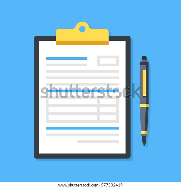 Clipboard with document and pen. Filling\
insurance claim form, paperwork, income tax form, write a report,\
business concepts. Premium quality. Modern flat design graphic\
elements. Vector\
illustration.
