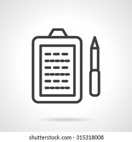 Clipboard with document and pen. Simple line vector icon. Office supply, paperwork. Elements of web design for business. 