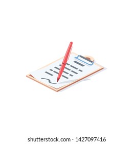 Clipboard with document and pen. Vector 3d isometric color icon new flat style. Creative illustration, idea for infographics.