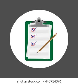 Clipboard with Document and pencil. Quality control, customers reviews, service rating concepts. Top view. Flat design concept for web banners, web sites, info graphics. Creative vector illustration