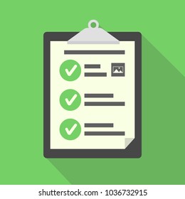Clipboard, document, resume with checklist icon. Flat illustration of clipboard with checklist icon for web and image template. Vector illustration on green background