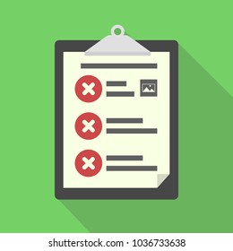 Clipboard, document, resume with checklist, reject icon. Flat illustration of clipboard with checklist icon for web and image template. Vector illustration on green background