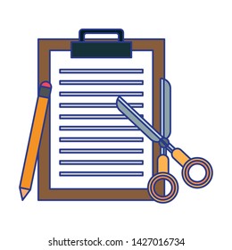 Clipboard document with scissors and pencil symbols vector illustration graphic design