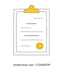 Clipboard with document and the seal. Contract paper, agreement, business plan, report or certificate concept. Flat line vector icon illustration on white.