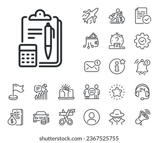 Clipboard document sign. Salaryman, gender equality and alert bell outline icons. Accounting line icon. Calculate budget symbol. Accounting line sign. Spy or profile placeholder icon. Vector