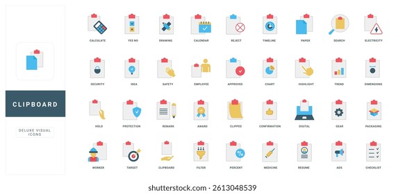Clipboard and documents, survey checklist, questionnaire, paper contract and note color icon set. Medical and analysis report on board, form with ticks, gear and chart flat vector illustration