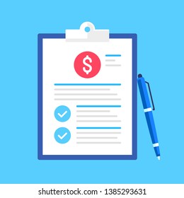 Clipboard with dollar sign, check marks and pen. Financial planning, business audit, business plan concepts. Flat design. Vector illustration