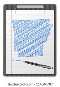 Clipboard with drawing Arkansas map. Vector illustration.