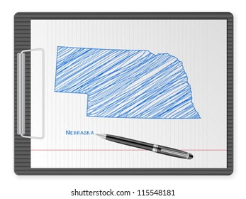 Clipboard with drawing Nebraska map. Vector illustration.