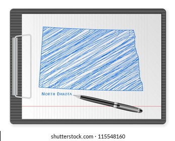 Clipboard with drawing North Dakota map. Vector illustration.