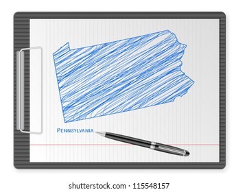 Clipboard with drawing Pennsylvania map. Vector illustration.