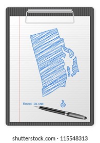 Clipboard with drawing Rhode Island map. Vector illustration.