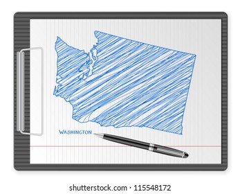 Clipboard with drawing Washington map. Vector illustration.