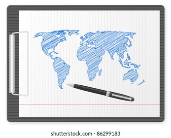 Clipboard with drawing world map. Vector illustration.