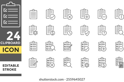 Clipboard Editable line stroke icon set. Document, Clipboard.  Pixel perfect. Checklist symbol. paper document. company passed inspection symbol