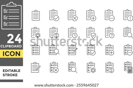 Clipboard Editable line stroke icon set. Document, Clipboard.  Pixel perfect. Checklist symbol. paper document. company passed inspection symbol