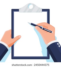 Clipboard with Empty Paper Sheet and Pen in Hand Isolated on White. Blue Clip Board with White Paper and Pen Put Alongside. Office Stationery or Paperwork Concept. Cartoon Flat Vector Illustration