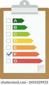 Clipboard with an energy efficiency checklist validated in class F in flat design style (cut out)