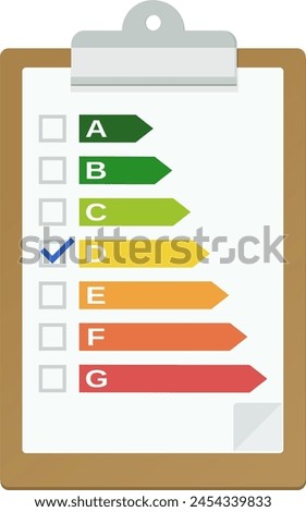 Clipboard with an energy efficiency checklist validated in class D in flat design style (cut out)