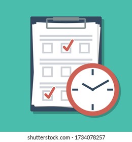 Clipboard With Exam Or Quiz Paper Sheet And Clock Icon, Flat Vector