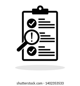 Clipboard with exclamation icon in trendy flat style. Checklist / Quality control / Audit for your web site design, logo, app, UI Vector EPS 10. 