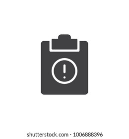 Clipboard with exclamation mark icon vector, filled flat sign, solid pictogram isolated on white. Important document symbol, logo illustration.