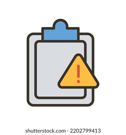 Clipboard with exclamation point Important document sign, caution file, urgent task. Assignment late Silhouette symbol. File, task, warning icon Vector illustration filled outline style EPS10